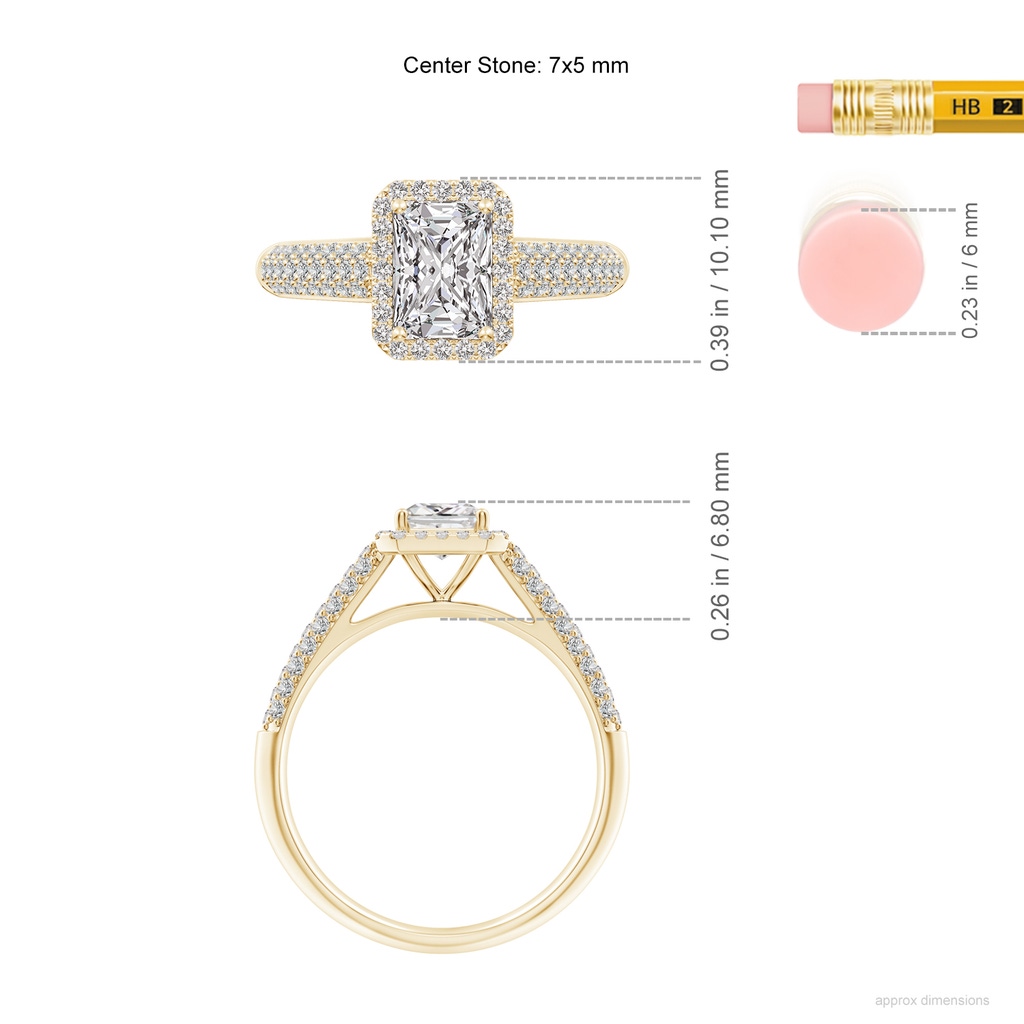 7x5mm IJI1I2 Radiant-Cut Diamond Halo Engagement Ring with Pave-Set Accents in Yellow Gold ruler