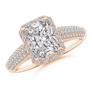 8x6mm IJI1I2 Radiant-Cut Diamond Halo Engagement Ring with Pave-Set Accents in Rose Gold