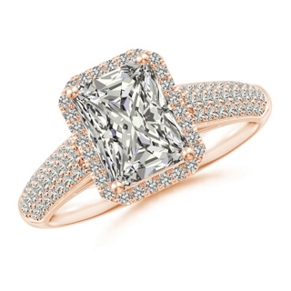 8x6mm KI3 Radiant-Cut Diamond Halo Engagement Ring with Pave-Set Accents in 18K Rose Gold