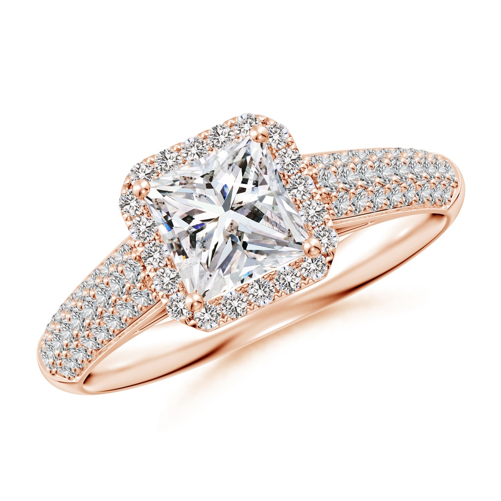 5.5mm IJI1I2 Princess-Cut Diamond Halo Engagement Ring with Pave-Set Accents in Rose Gold