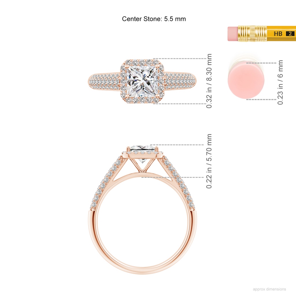 5.5mm IJI1I2 Princess-Cut Diamond Halo Engagement Ring with Pave-Set Accents in Rose Gold ruler