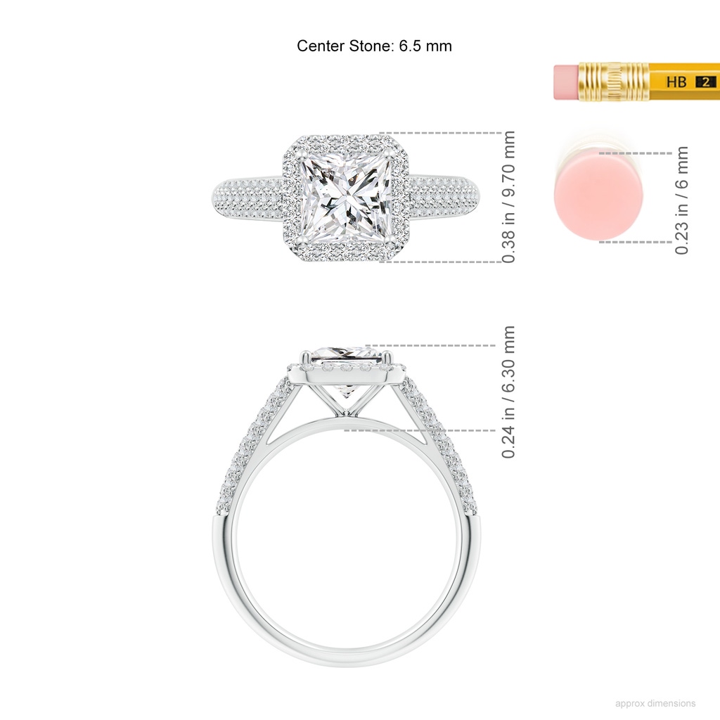 6.5mm HSI2 Princess-Cut Diamond Halo Engagement Ring with Pave-Set Accents in White Gold ruler