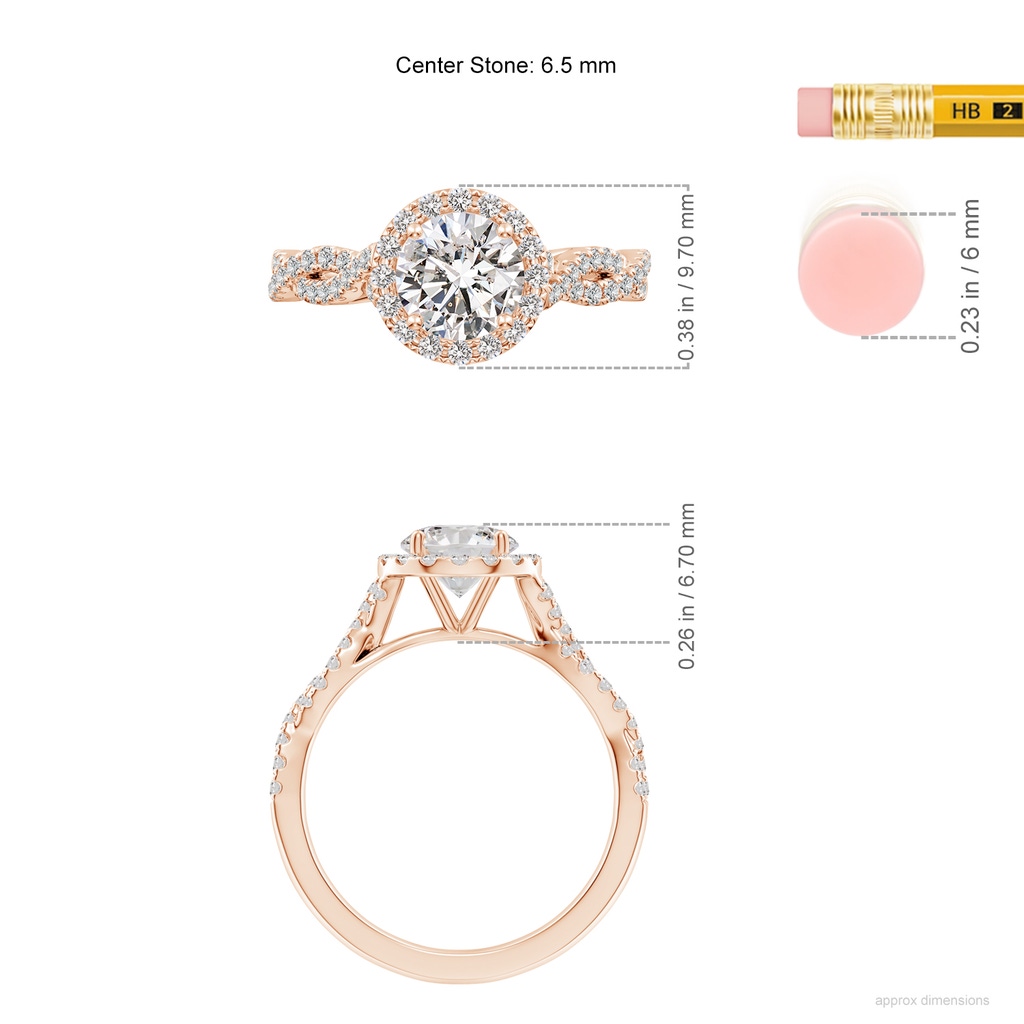 6.5mm IJI1I2 Round Diamond Halo Twisted Shank Engagement Ring in Rose Gold ruler