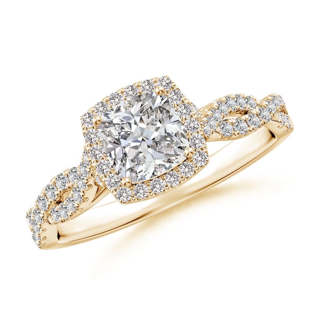 5.5mm IJI1I2 Cushion Diamond Halo Twisted Shank Engagement Ring in Yellow Gold