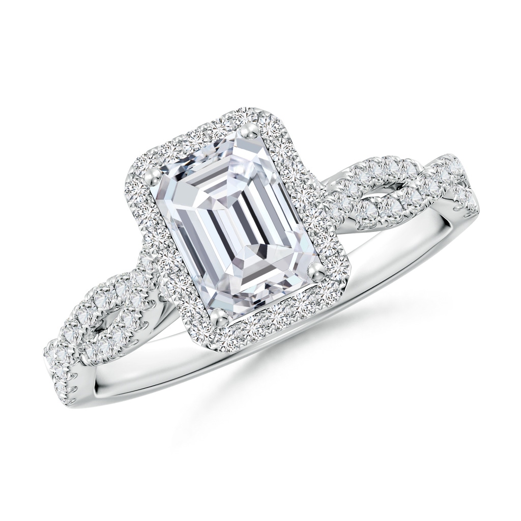 7x5mm HSI2 Emerald-Cut Diamond Halo Twisted Shank Classic Engagement Ring in White Gold
