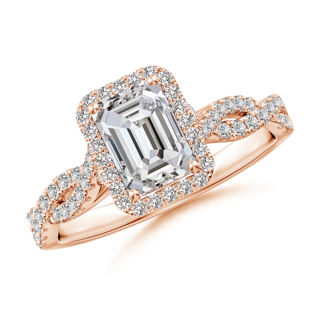 7x5mm IJI1I2 Emerald-Cut Diamond Halo Twisted Shank Classic Engagement Ring in Rose Gold