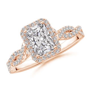 7x5mm IJI1I2 Radiant-Cut Diamond Halo Twisted Shank Engagement Ring in 18K Rose Gold