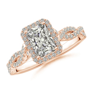7x5mm KI3 Radiant-Cut Diamond Halo Twisted Shank Engagement Ring in Rose Gold