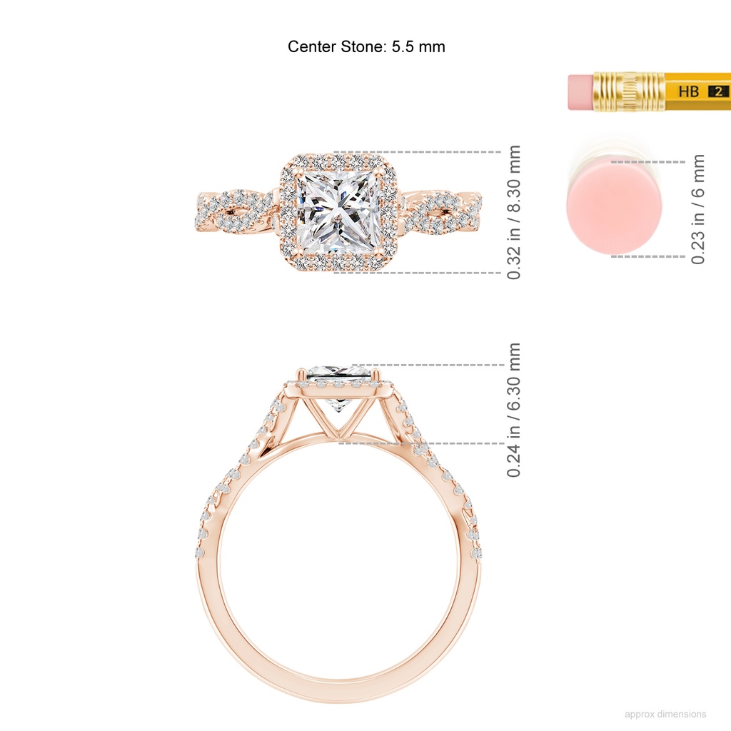 5.5mm IJI1I2 Princess-Cut Diamond Halo Twisted Shank Engagement Ring in Rose Gold ruler