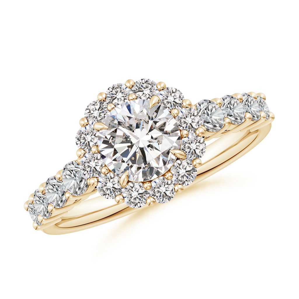 6.5mm IJI1I2 Round Diamond Floral Halo Engagement Ring in Yellow Gold 