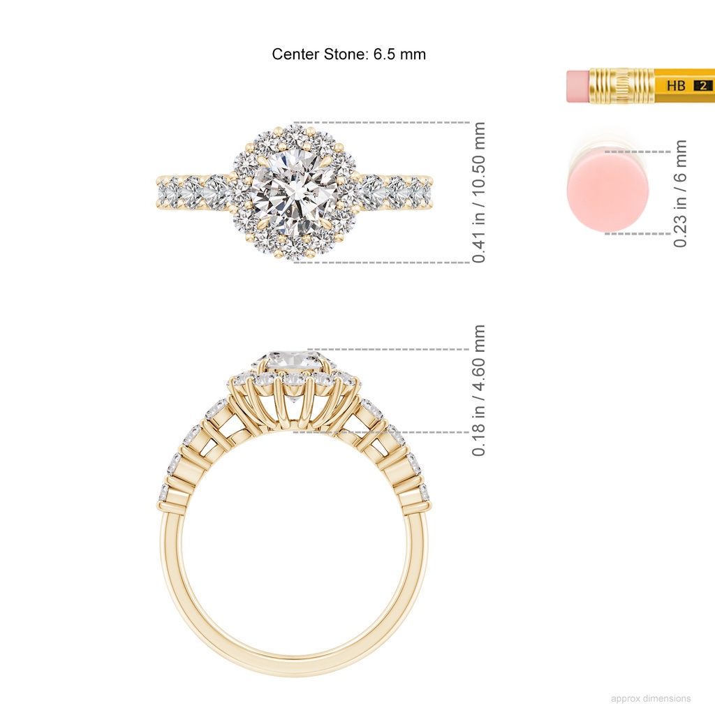 6.5mm IJI1I2 Round Diamond Floral Halo Engagement Ring in Yellow Gold ruler