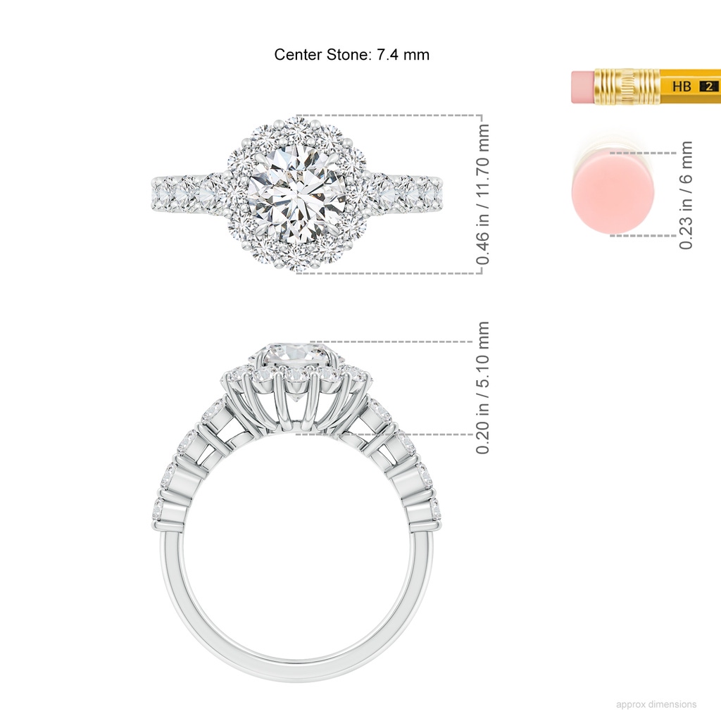 7.4mm HSI2 Round Diamond Floral Halo Engagement Ring in White Gold ruler
