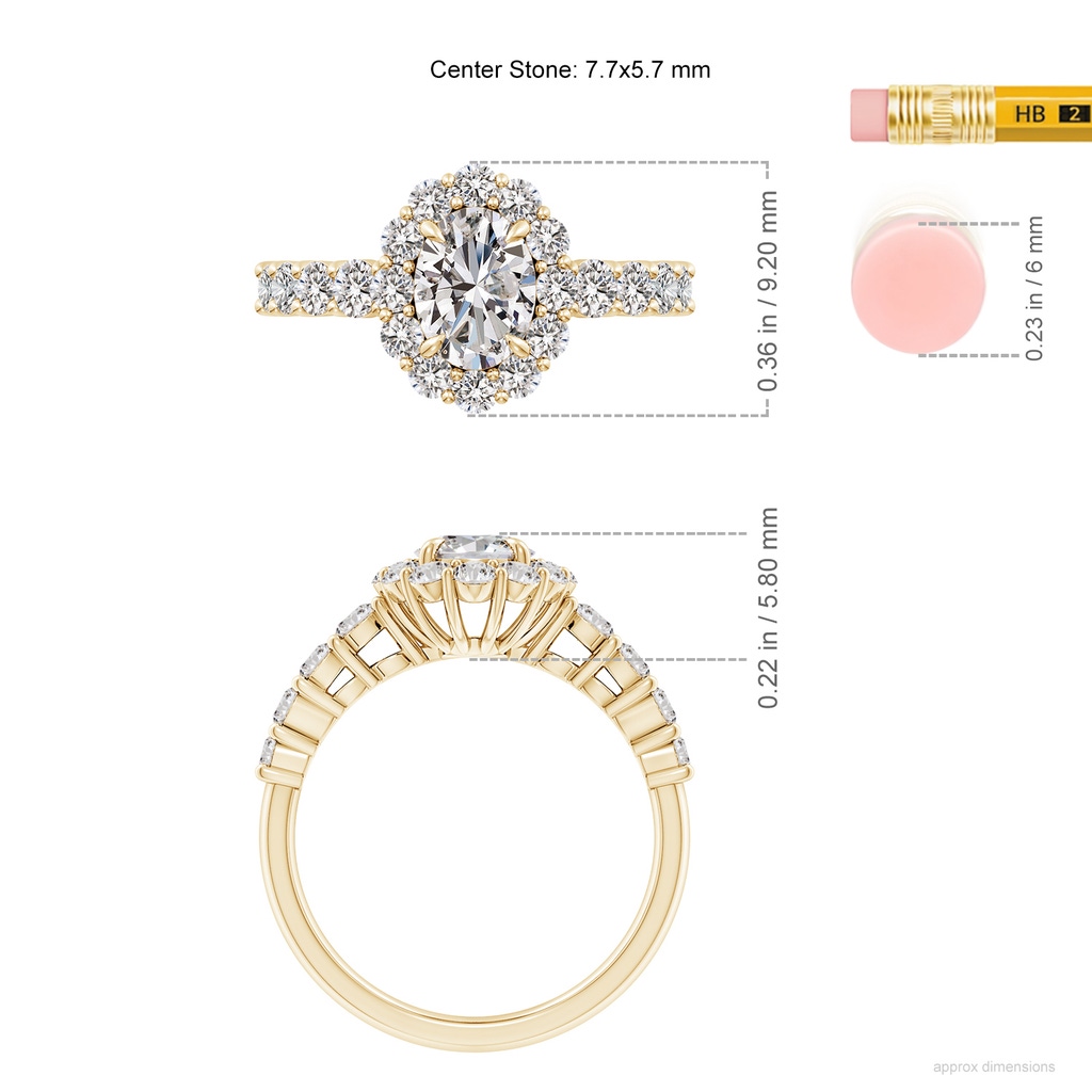 7.7x5.7mm IJI1I2 Oval Diamond Floral Halo Engagement Ring in Yellow Gold ruler