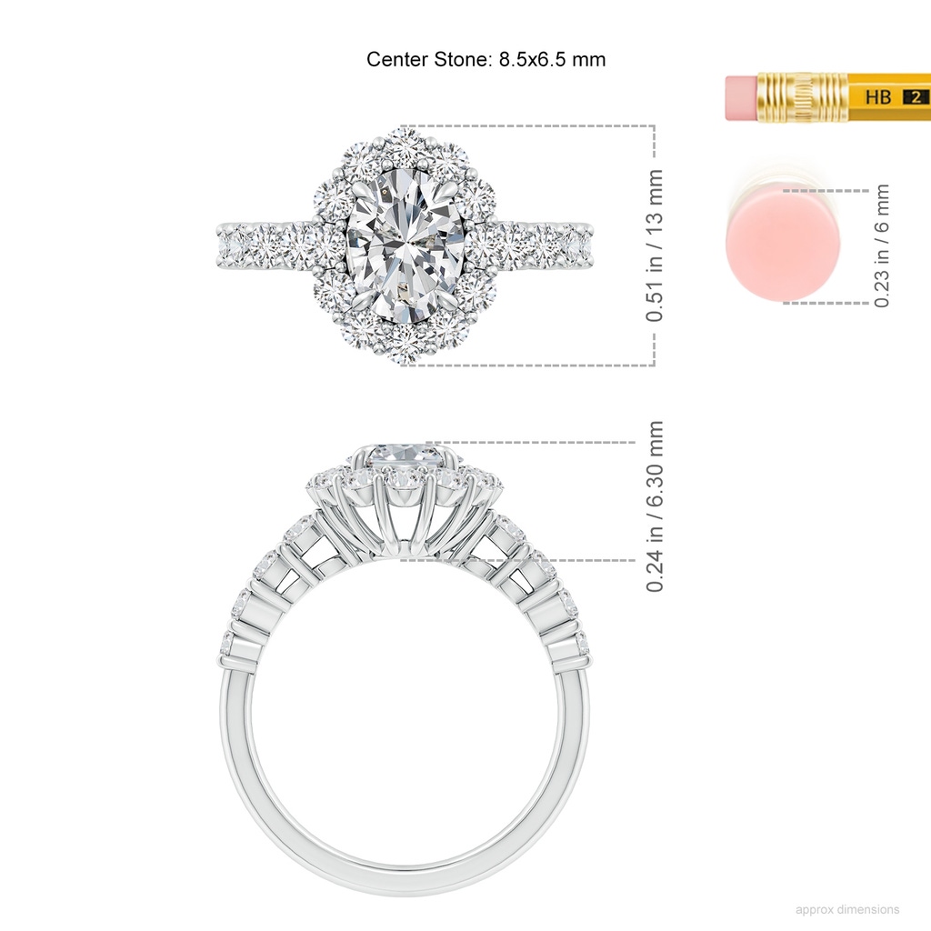 8.5x6.5mm HSI2 Oval Diamond Floral Halo Engagement Ring in White Gold ruler