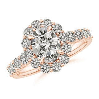 8.5x6.5mm KI3 Oval Diamond Floral Halo Engagement Ring in Rose Gold