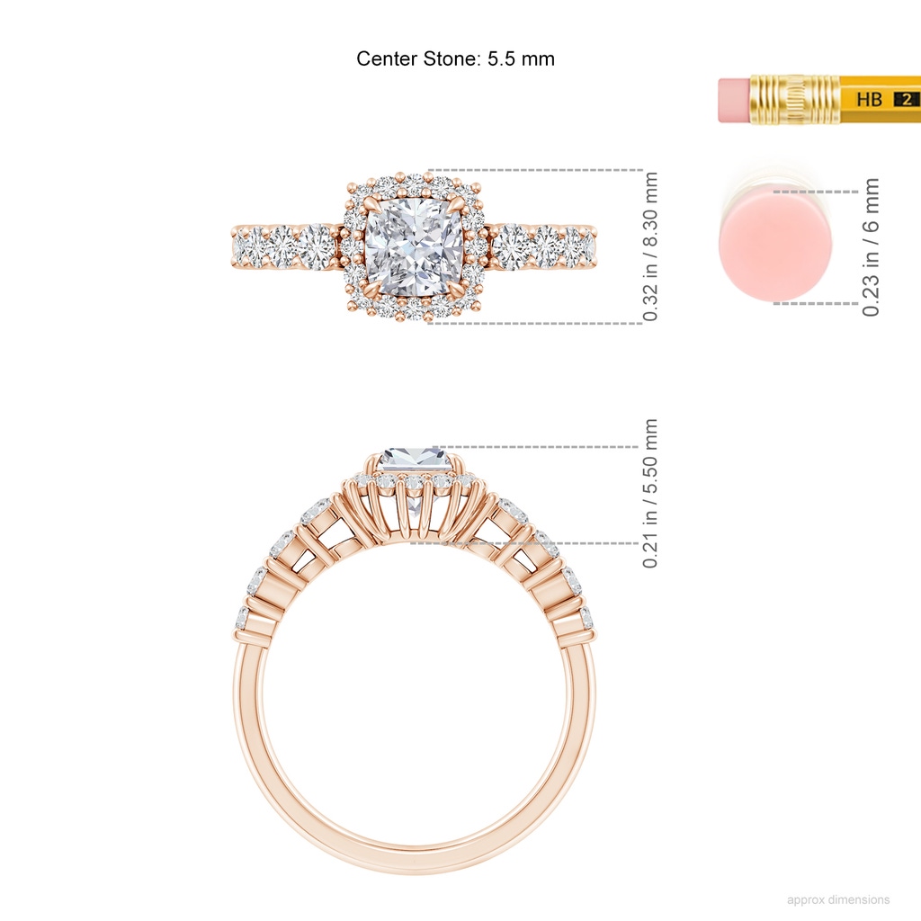 5.5mm HSI2 Cushion Diamond Floral Halo Engagement Ring in Rose Gold ruler