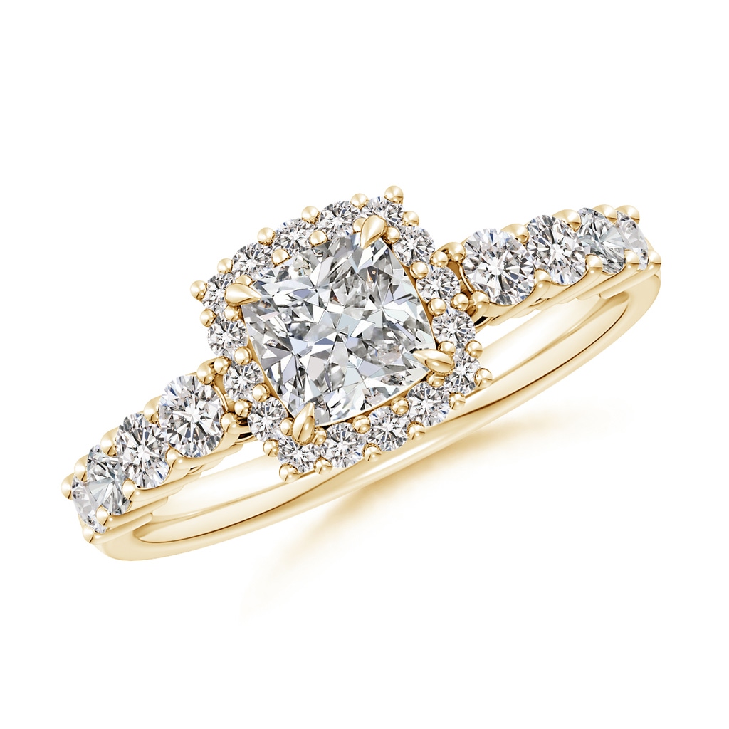 5.5mm IJI1I2 Cushion Diamond Floral Halo Engagement Ring in Yellow Gold