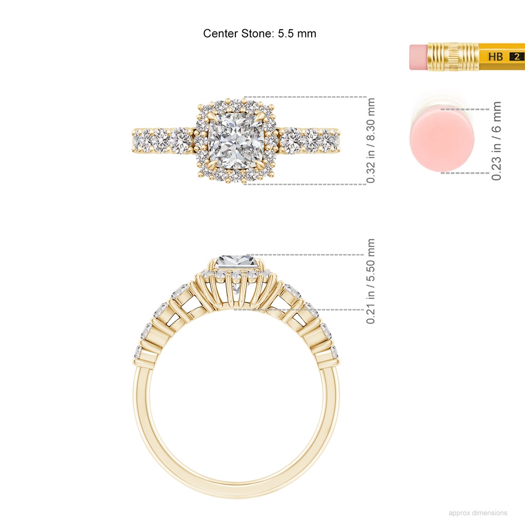 5.5mm IJI1I2 Cushion Diamond Floral Halo Engagement Ring in Yellow Gold ruler