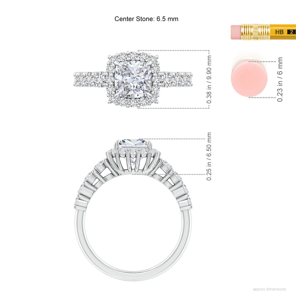 6.5mm HSI2 Cushion Diamond Floral Halo Engagement Ring in White Gold ruler