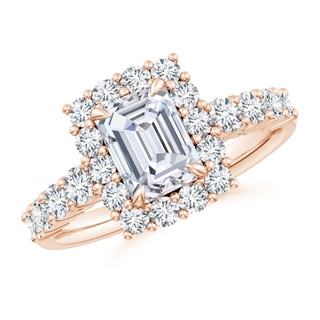 7.5x5.5mm GVS2 Emerald-Cut Diamond Floral Halo Engagement Ring in Rose Gold