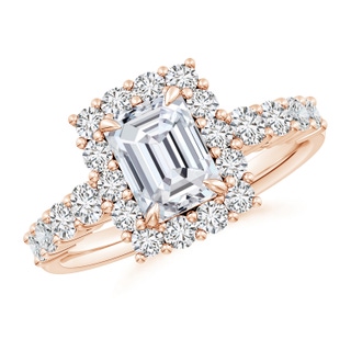 7.5x5.5mm HSI2 Emerald-Cut Diamond Floral Halo Engagement Ring in Rose Gold