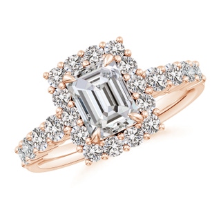 7.5x5.5mm IJI1I2 Emerald-Cut Diamond Floral Halo Engagement Ring in Rose Gold
