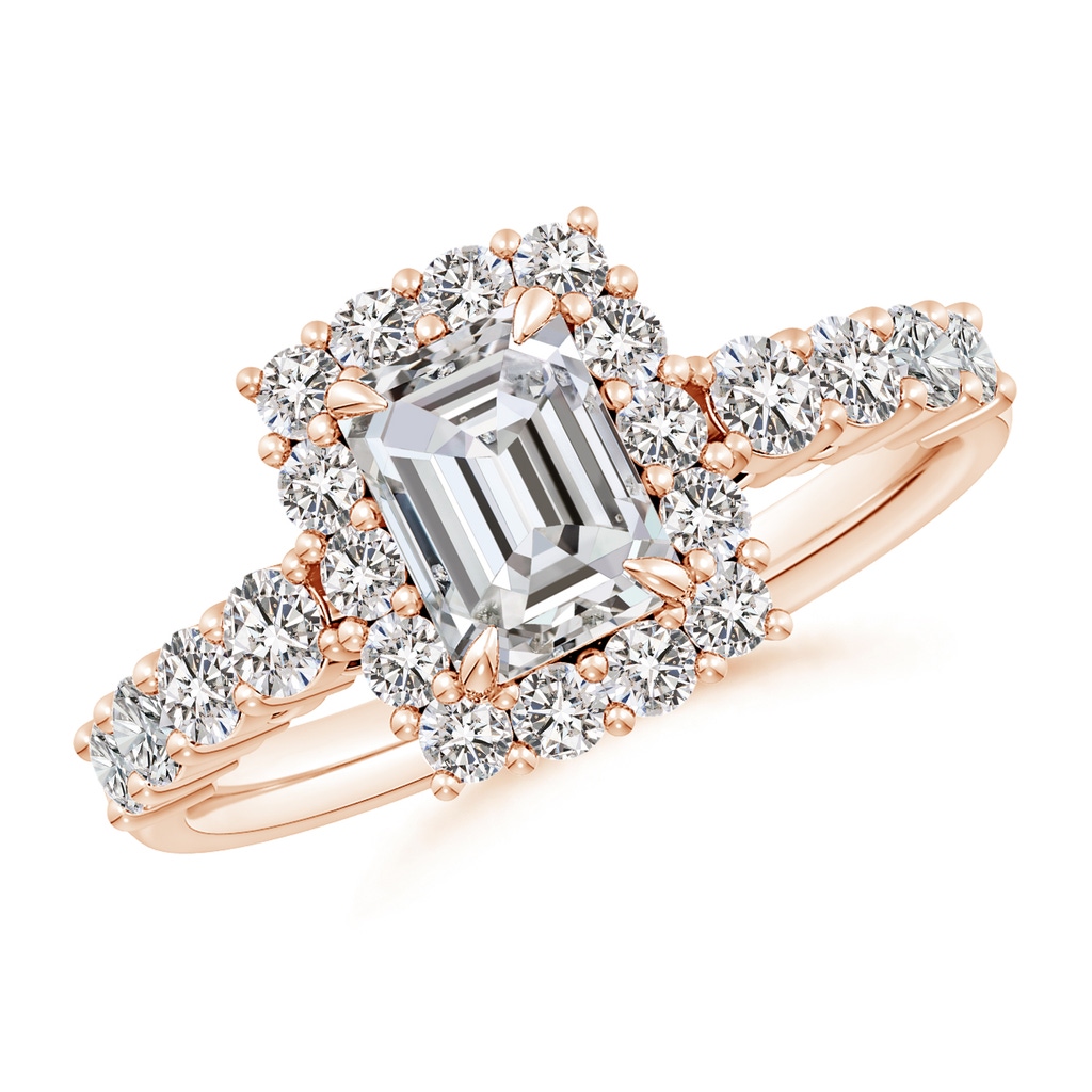 7x5mm IJI1I2 Emerald-Cut Diamond Floral Halo Engagement Ring in Rose Gold