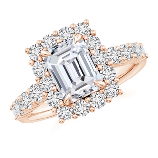 8.5x6.5mm HSI2 Emerald-Cut Diamond Floral Halo Engagement Ring in Rose Gold