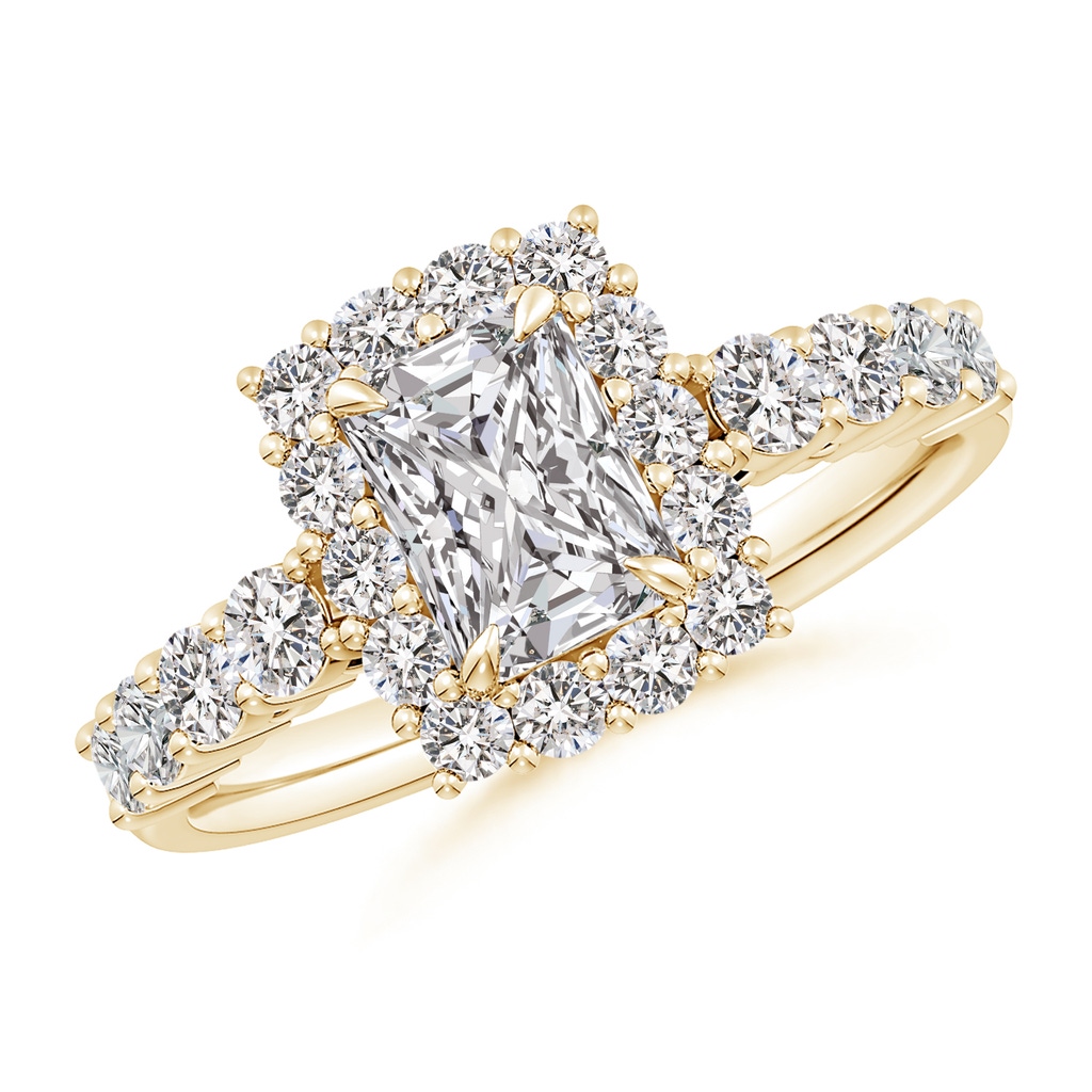 7x5mm IJI1I2 Radiant-Cut Diamond Floral Halo Engagement Ring in Yellow Gold 
