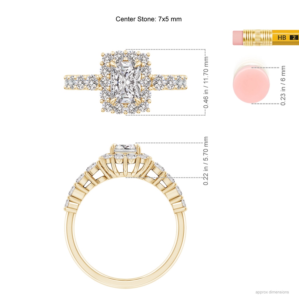 7x5mm IJI1I2 Radiant-Cut Diamond Floral Halo Engagement Ring in Yellow Gold ruler
