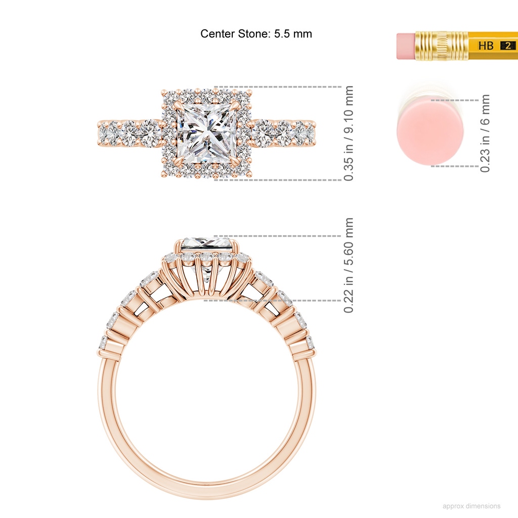 5.5mm IJI1I2 Princess-Cut Diamond Floral Halo Engagement Ring in 18K Rose Gold ruler