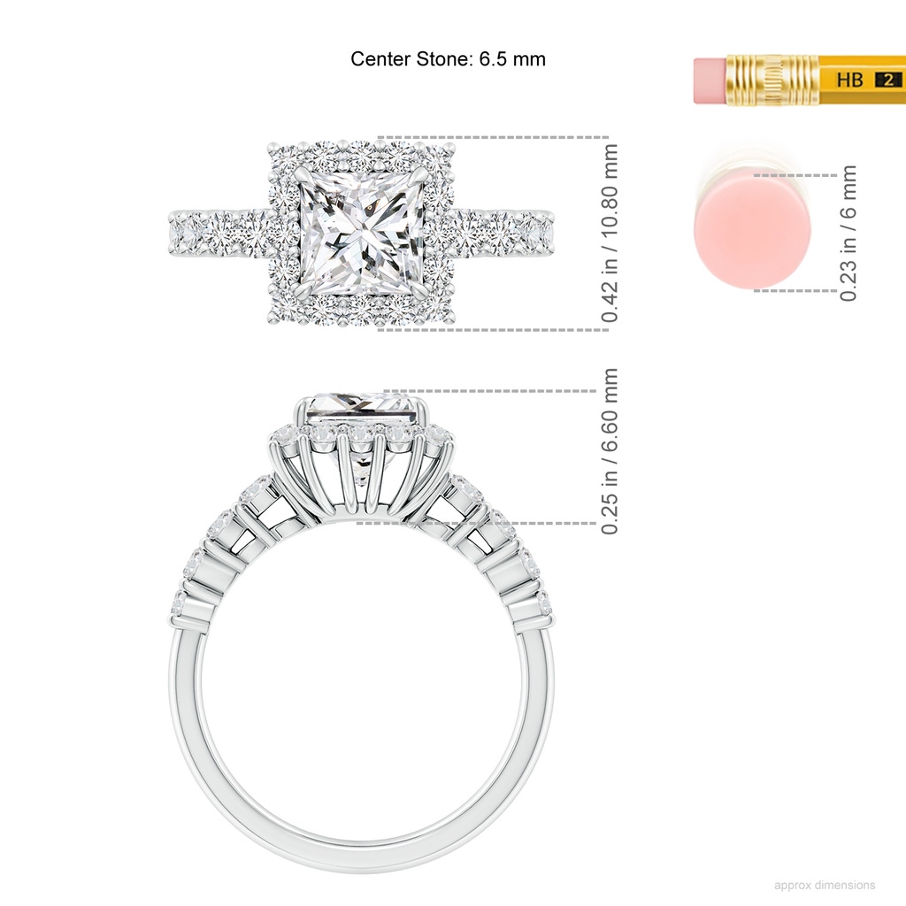 6.5mm HSI2 Princess-Cut Diamond Floral Halo Engagement Ring in White Gold ruler