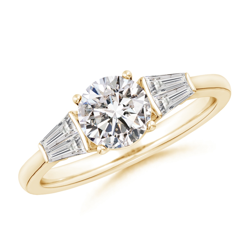 6.5mm IJI1I2 Round and Twin Tapered Baguette Diamond Side Stone Engagement Ring in Yellow Gold