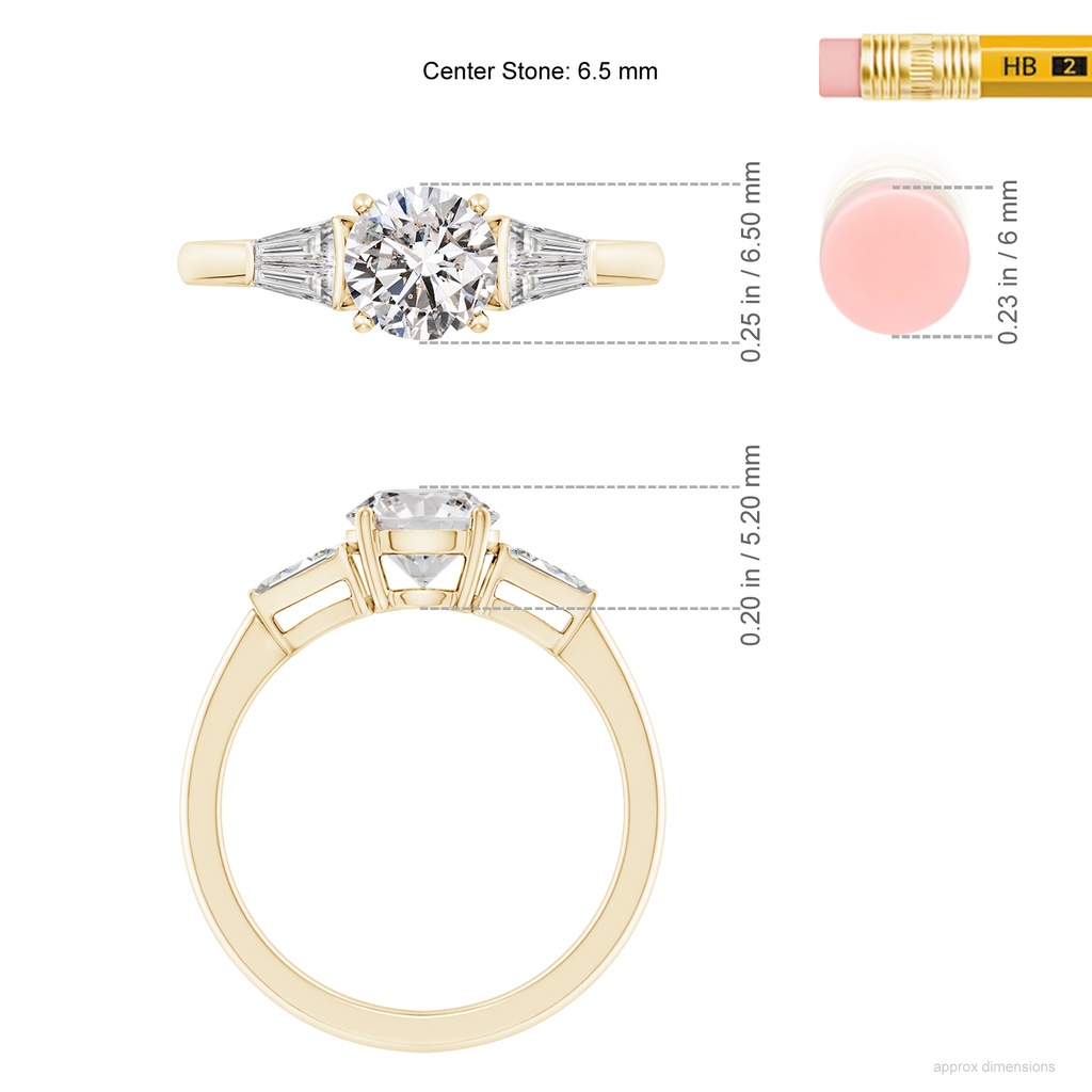6.5mm IJI1I2 Round and Twin Tapered Baguette Diamond Side Stone Engagement Ring in Yellow Gold ruler
