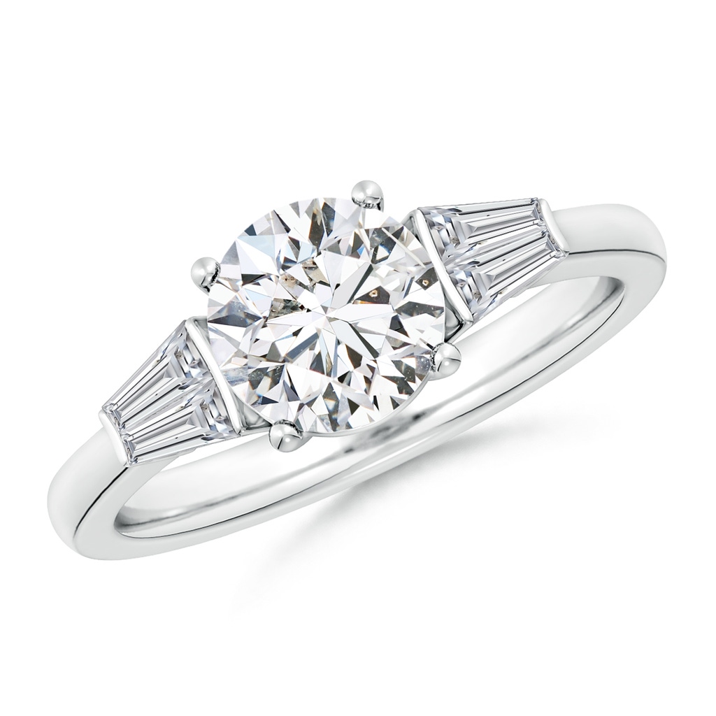 7.4mm HSI2 Round and Twin Tapered Baguette Diamond Side Stone Engagement Ring in White Gold 