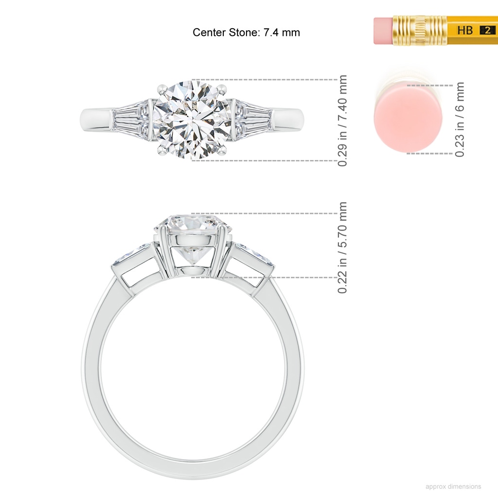 7.4mm HSI2 Round and Twin Tapered Baguette Diamond Side Stone Engagement Ring in White Gold ruler