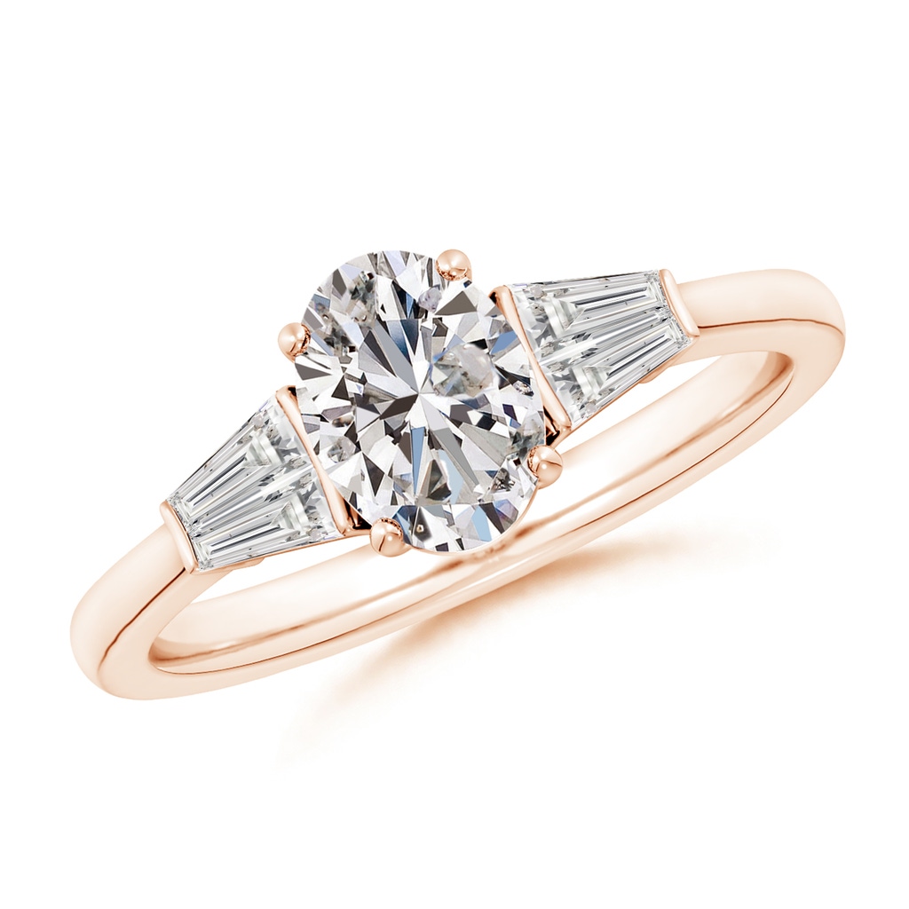 7.7x5.7mm IJI1I2 Oval and Twin Tapered Baguette Diamond Side Stone Engagement Ring in Rose Gold