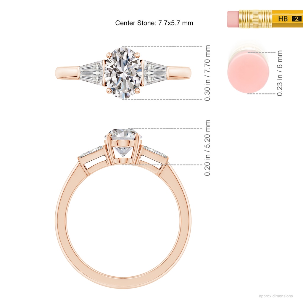 7.7x5.7mm IJI1I2 Oval and Twin Tapered Baguette Diamond Side Stone Engagement Ring in Rose Gold ruler