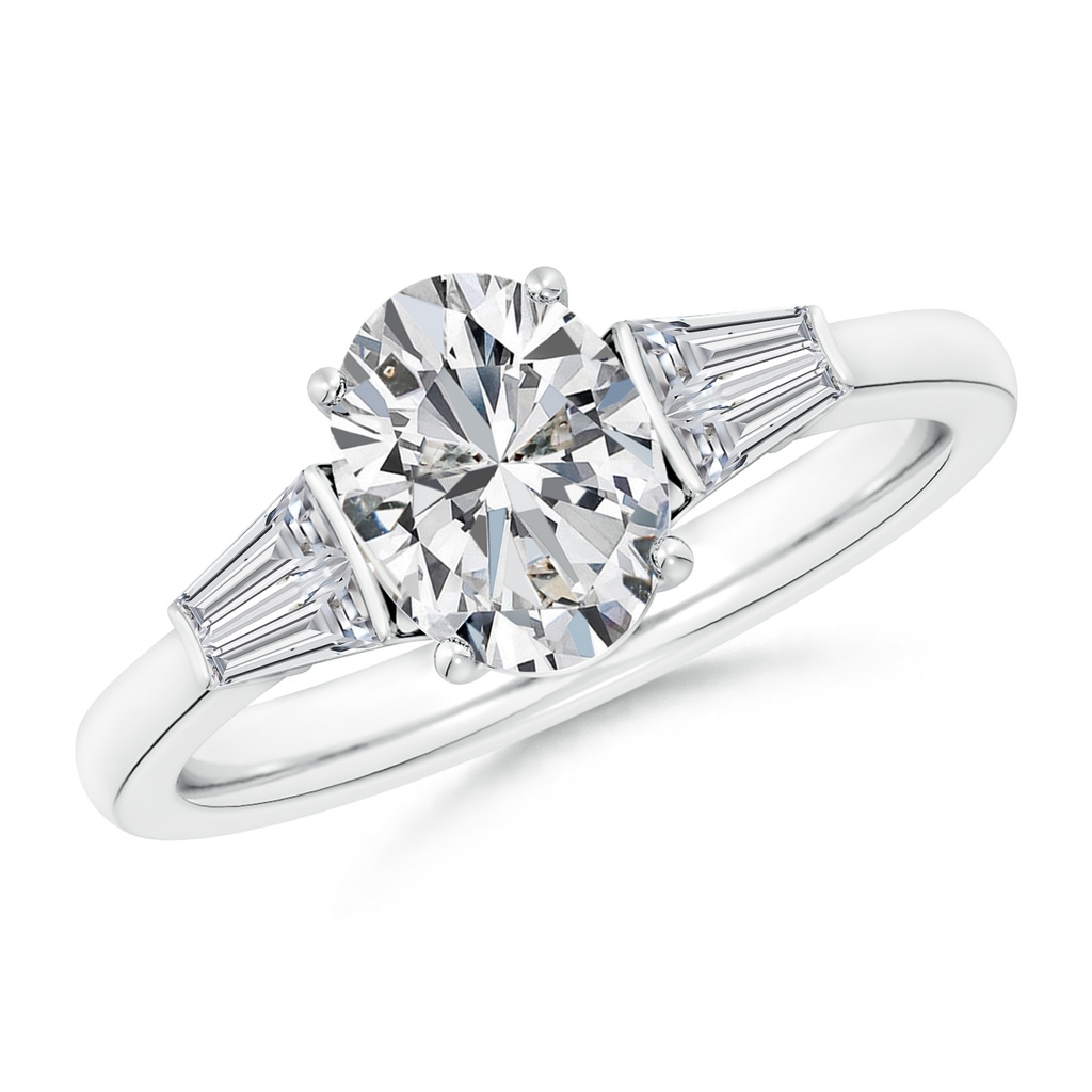 8.5x6.5mm HSI2 Oval and Twin Tapered Baguette Diamond Side Stone Engagement Ring in White Gold