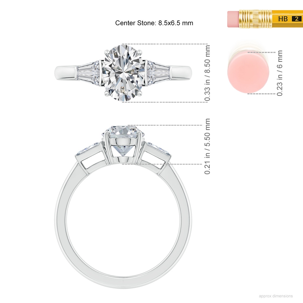 8.5x6.5mm HSI2 Oval and Twin Tapered Baguette Diamond Side Stone Engagement Ring in White Gold ruler