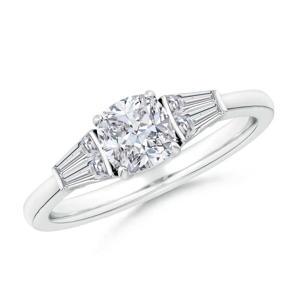 5.5mm HSI2 Cushion and Twin Tapered Baguette Diamond Side Stone Engagement Ring in White Gold