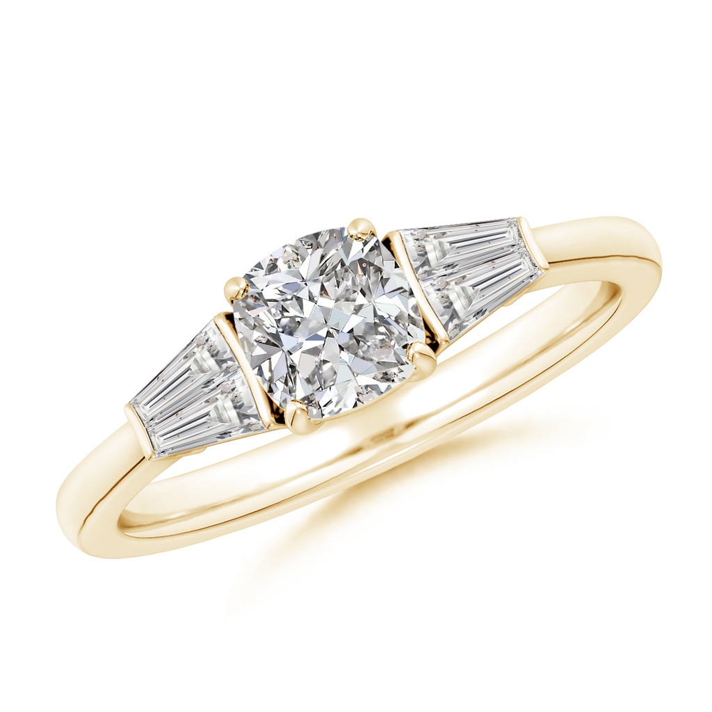 5.5mm IJI1I2 Cushion and Twin Tapered Baguette Diamond Side Stone Engagement Ring in Yellow Gold