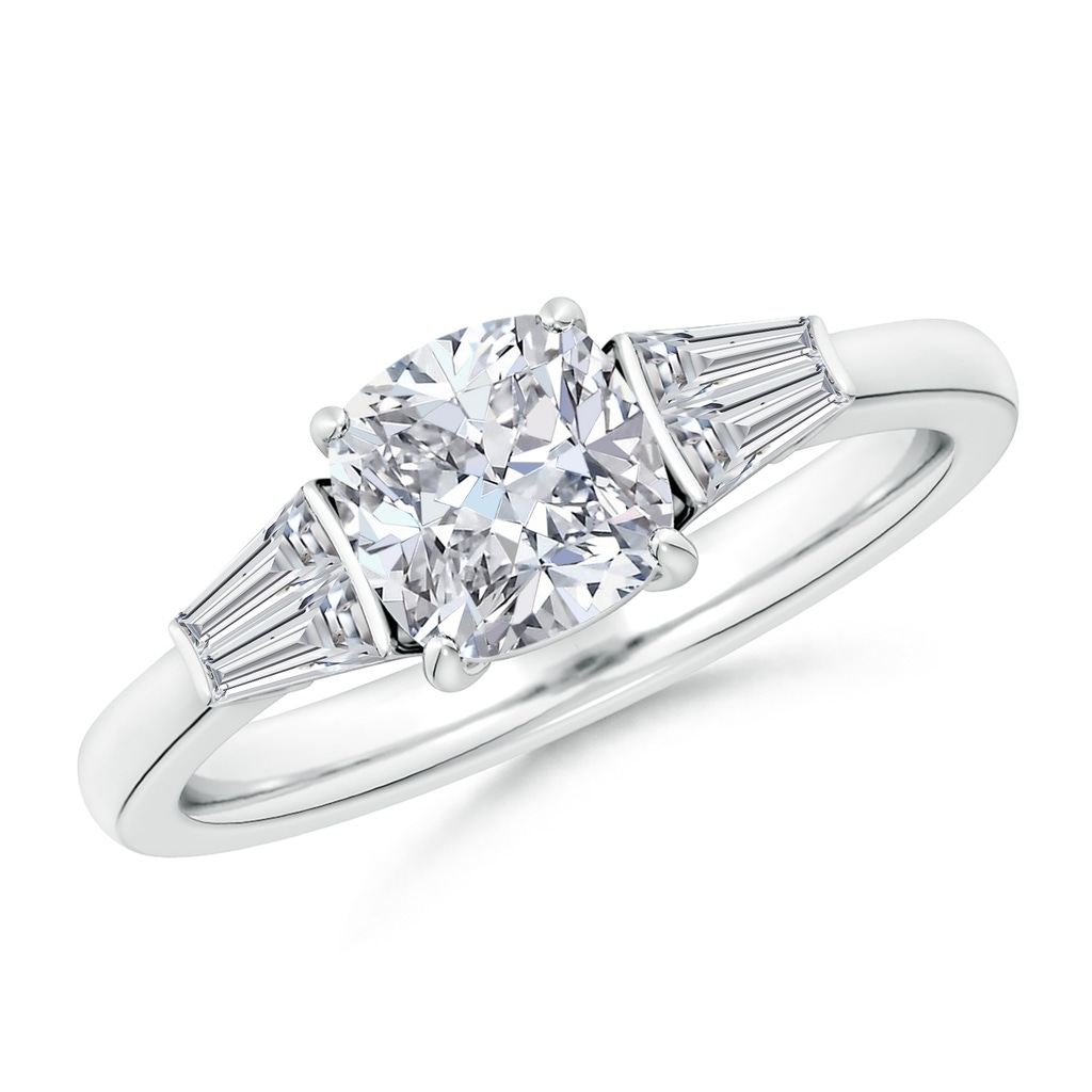 6.5mm HSI2 Cushion and Twin Tapered Baguette Diamond Side Stone Engagement Ring in White Gold