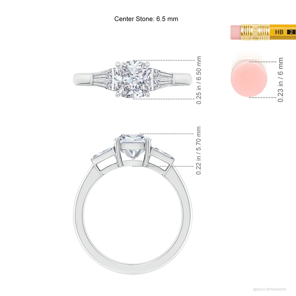 6.5mm HSI2 Cushion and Twin Tapered Baguette Diamond Side Stone Engagement Ring in White Gold ruler