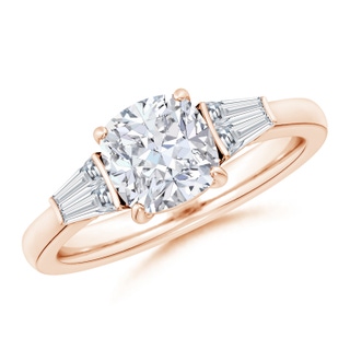 7mm GVS2 Cushion and Twin Tapered Baguette Diamond Side Stone Engagement Ring in Rose Gold
