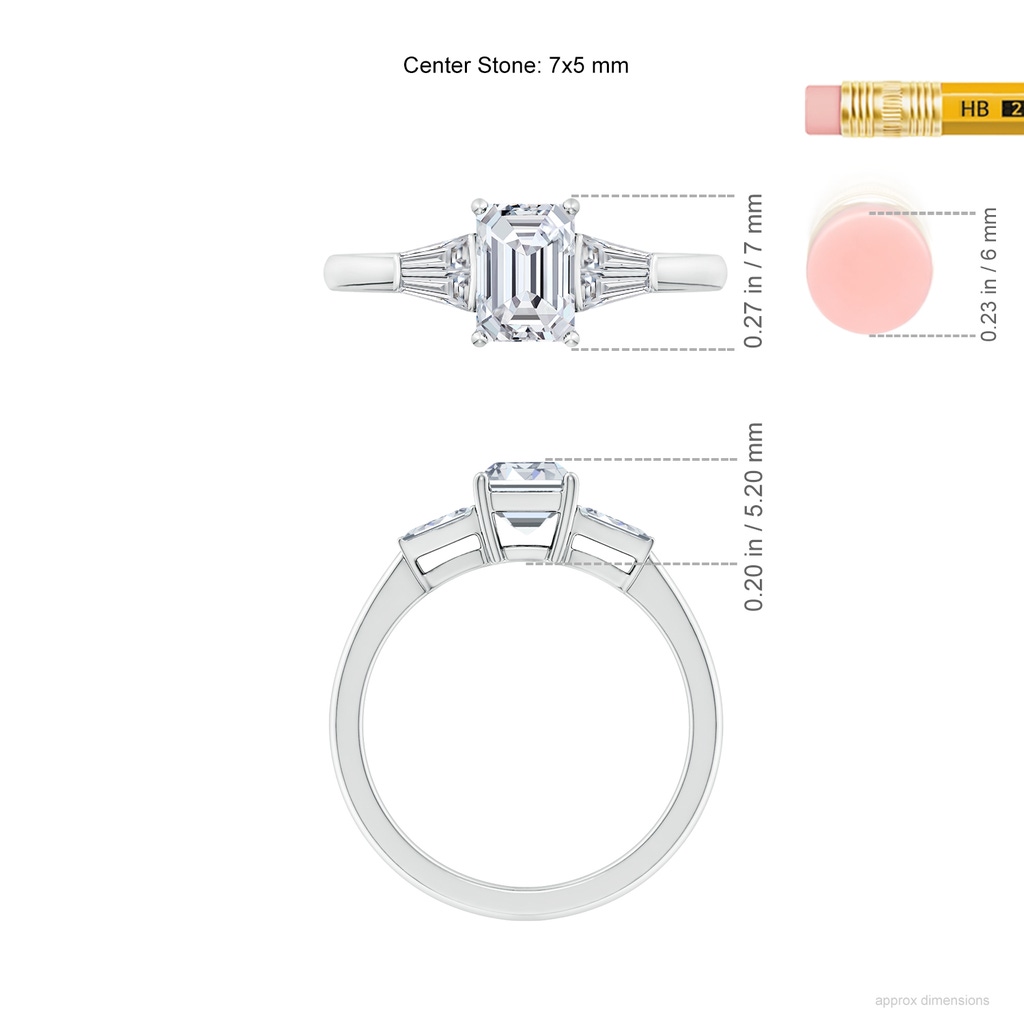 7x5mm HSI2 Emerald-Cut and Twin Tapered Baguette Diamond Side Stone Engagement Ring in White Gold ruler