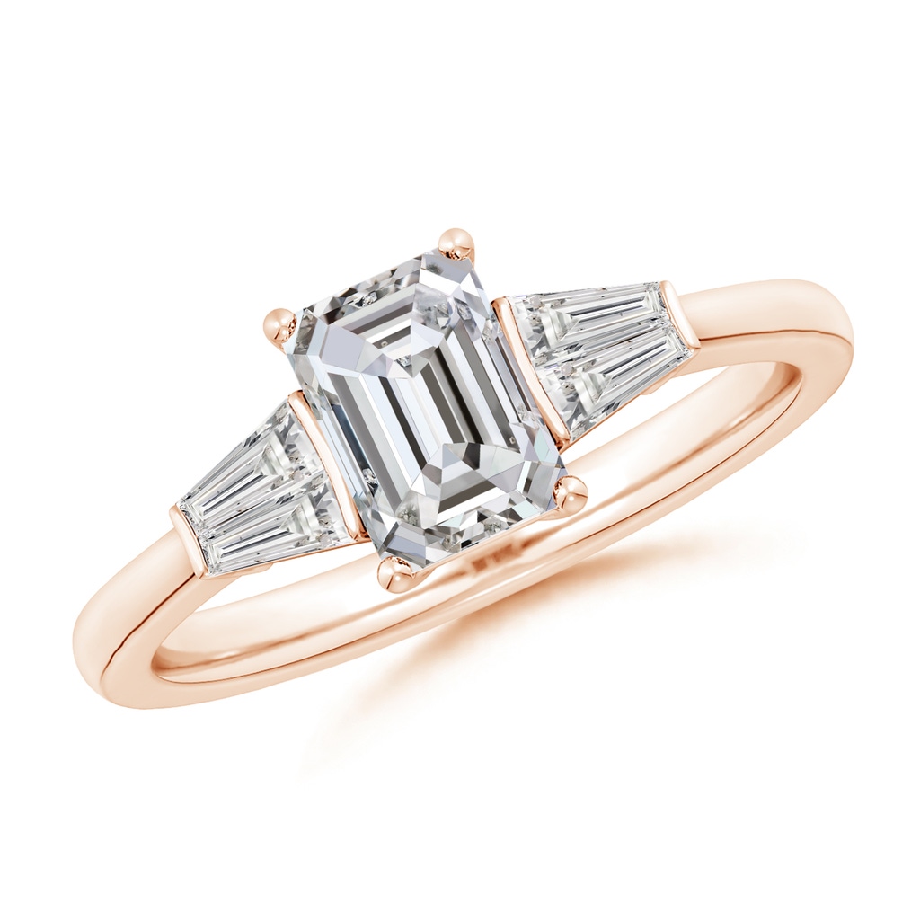 7x5mm IJI1I2 Emerald-Cut and Twin Tapered Baguette Diamond Side Stone Engagement Ring in Rose Gold 