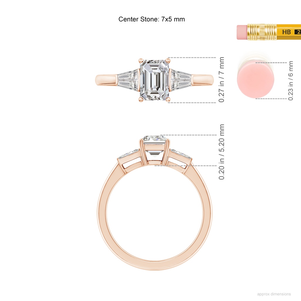 7x5mm IJI1I2 Emerald-Cut and Twin Tapered Baguette Diamond Side Stone Engagement Ring in Rose Gold ruler