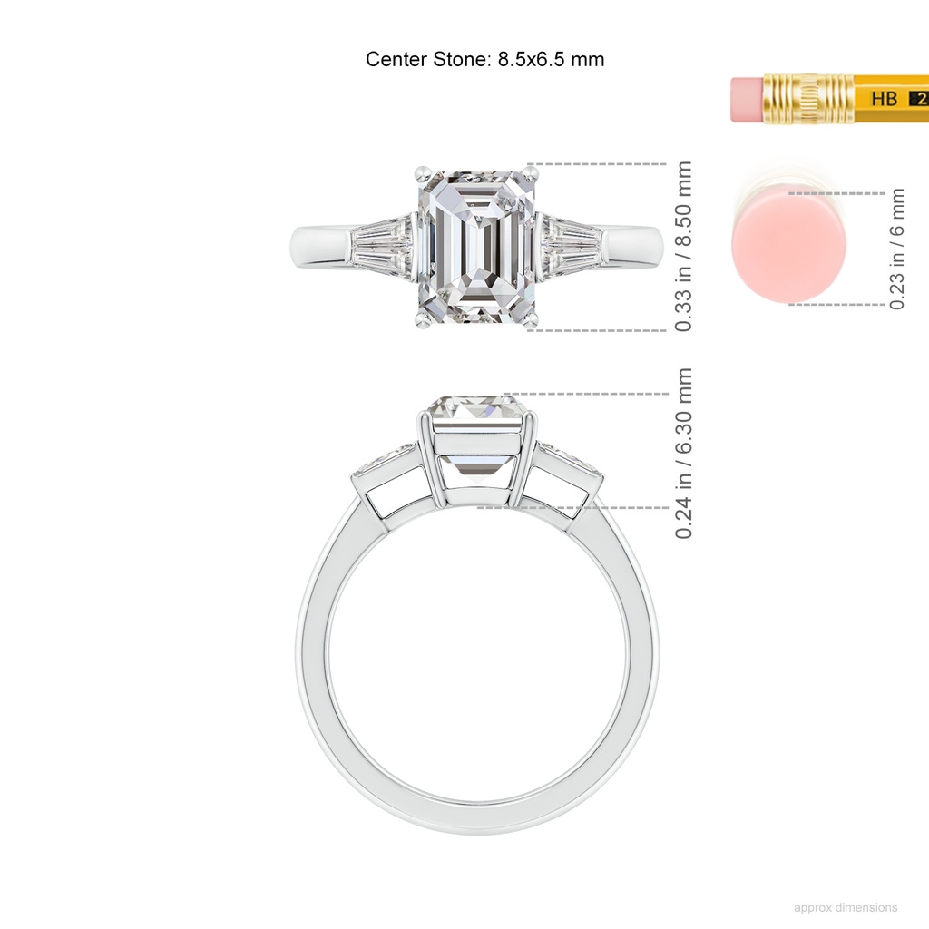 8.5x6.5mm IJI1I2 Emerald-Cut and Twin Tapered Baguette Diamond Side Stone Engagement Ring in P950 Platinum ruler