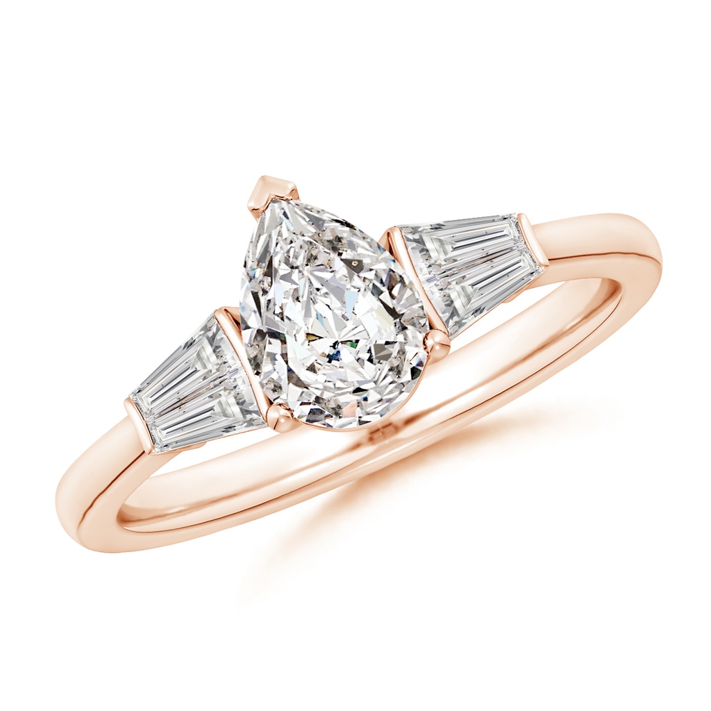 7.7x5.7mm IJI1I2 Pear and Twin Tapered Baguette Diamond Side Stone Engagement Ring in Rose Gold